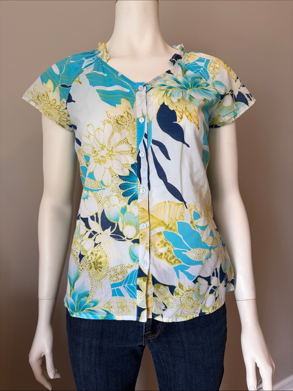 Caribbean Joe Cotton V-Neck Button Down Blouse